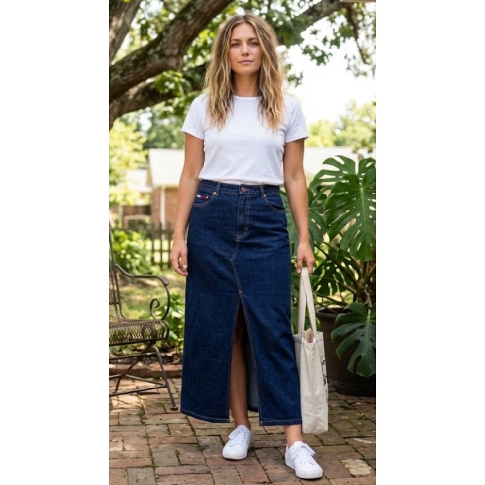 Tommy Hilfiger Vintage Denim Maxi Skirt Dark Wash Long Front Slit Size 7
